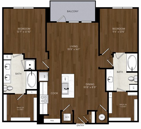 Floor plan for 2 beds, 2 baths, 1216 sqft